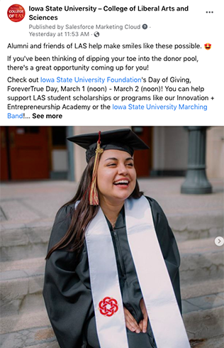 Facebook post with photo of graduating student