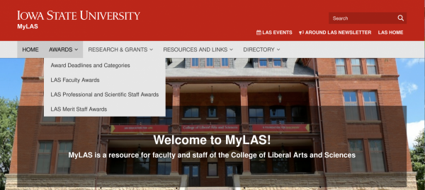 Screen shot of a home page for myLAS showing awards navigation menu